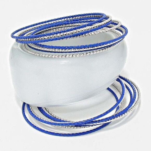 16 Layered Navy Blue & Silver Stackable Bangle Bracelet Set - Picture 2 of 7